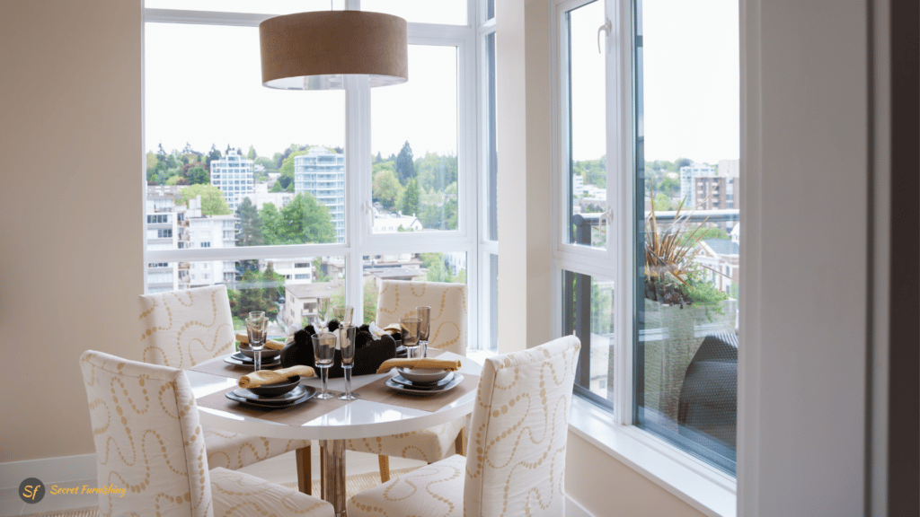 Dining room interior with huge windows